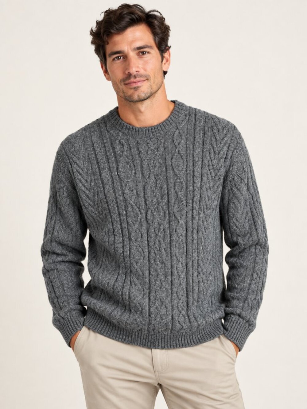 J.Crew Mens Large Gray Cable Knit Wool Alpaca Crewneck Sweater Made in Peru